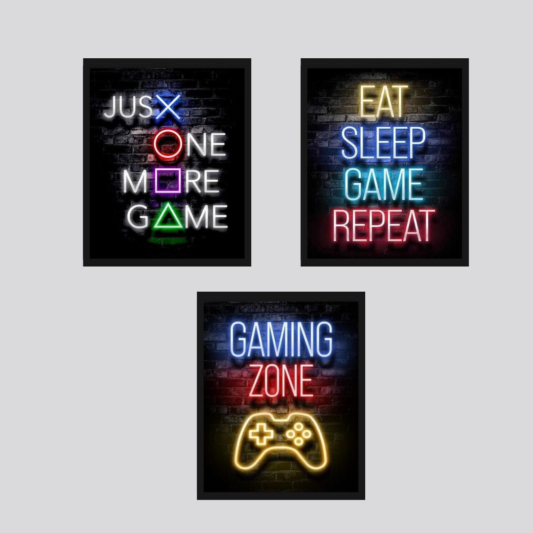 Set Of 3 Gaming Text Neon Wall Frames